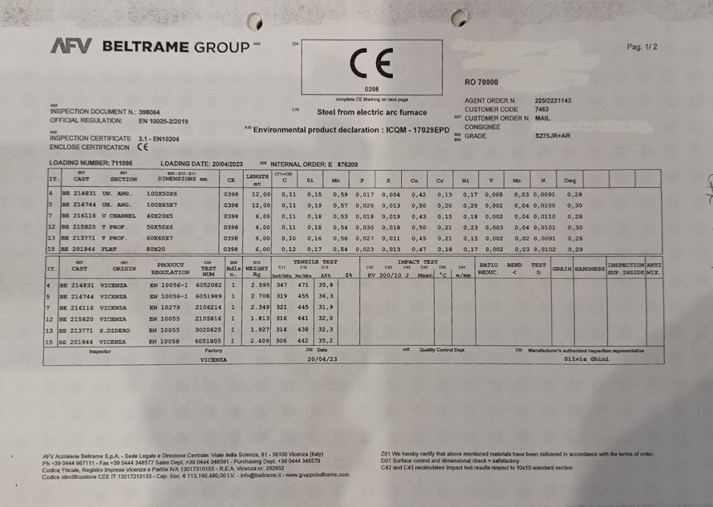 certificat de calitate otel 3.1